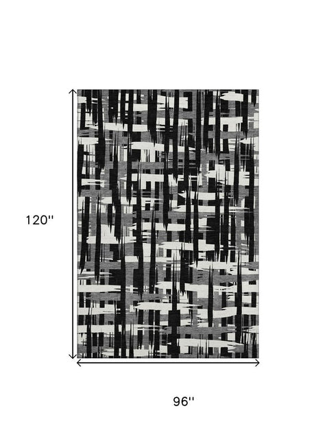 8' X 10' Black And Ivory Striped Washable Area Rug With UV Protection