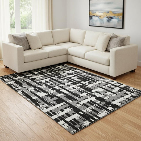 8' X 10' Black And Ivory Striped Washable Area Rug With UV Protection