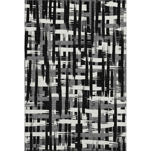 8' X 10' Black And Ivory Striped Washable Area Rug With UV Protection