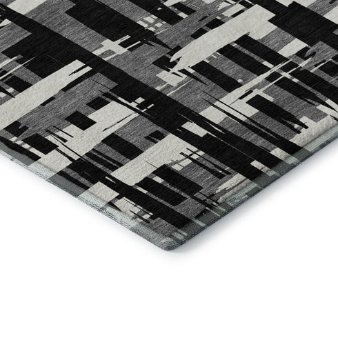 8' X 10' Black And Ivory Striped Washable Area Rug With UV Protection