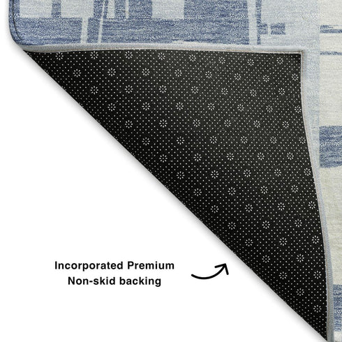 5' X 8' Blue And Ivory Striped Washable Area Rug With UV Protection