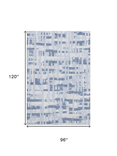 8' X 10' Blue And Ivory Striped Washable Area Rug With UV Protection