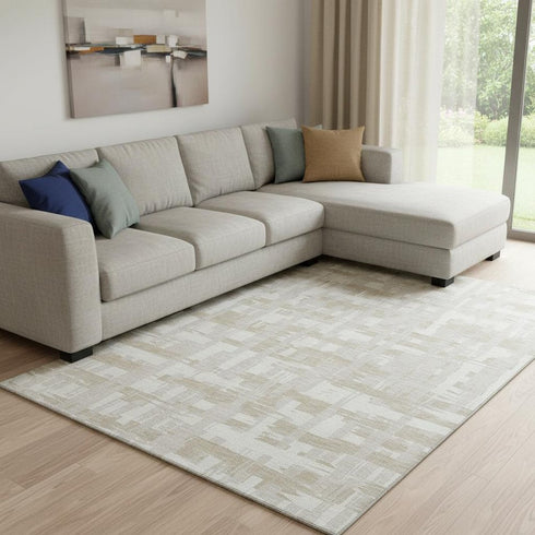 8' X 10' Ivory And Tan Striped Washable Area Rug With UV Protection