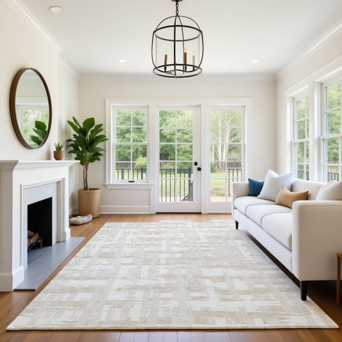 8' X 10' Ivory And Tan Striped Washable Area Rug With UV Protection