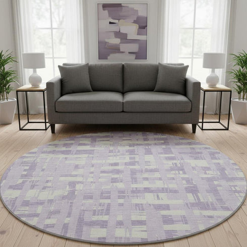 8' Lavender And Ivory Striped Washable Round Rug With UV Protection