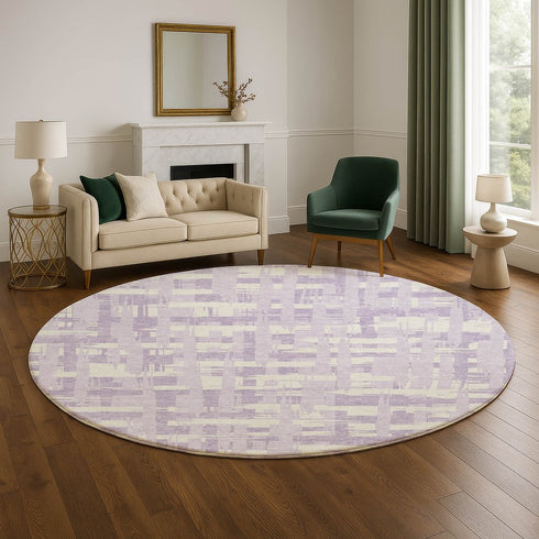 8' Lavender And Ivory Striped Washable Round Rug With UV Protection