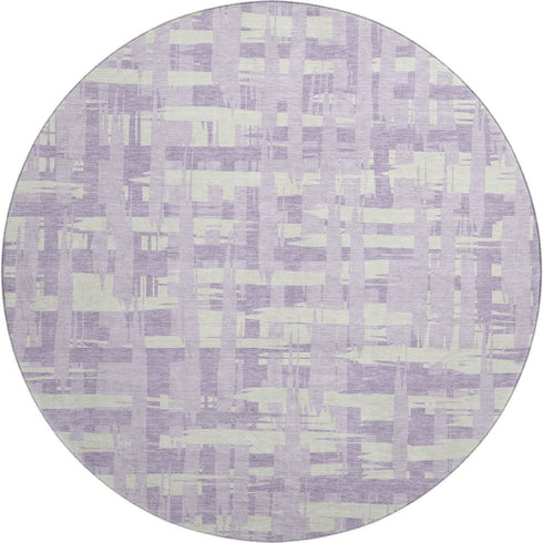 8' Lavender And Ivory Striped Washable Round Rug With UV Protection