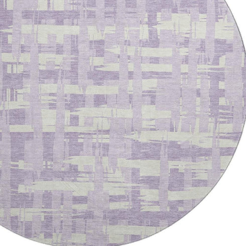 8' Lavender And Ivory Striped Washable Round Rug With UV Protection