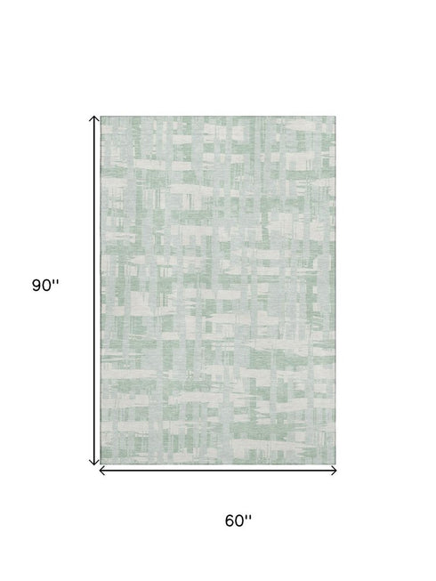 5' X 8' Mint Green And Ivory Striped Washable Area Rug With UV Protection