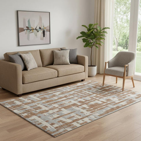 5' X 8' Rust And Ivory Striped Washable Area Rug With UV Protection