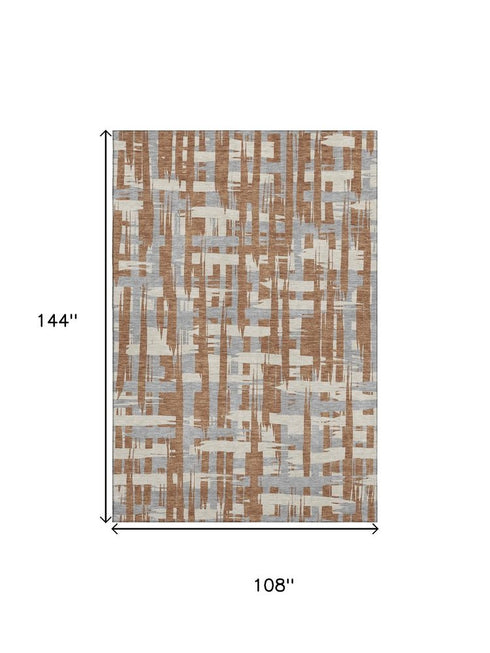 9' X 12' Rust And Ivory Striped Washable Area Rug With UV Protection