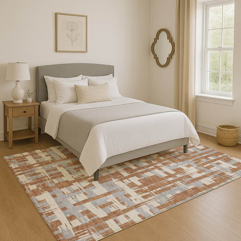9' X 12' Rust And Ivory Striped Washable Area Rug With UV Protection