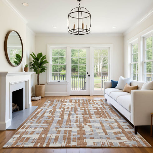 9' X 12' Rust And Ivory Striped Washable Area Rug With UV Protection