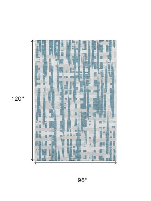 8' X 10' Teal And Ivory Striped Washable Area Rug With UV Protection