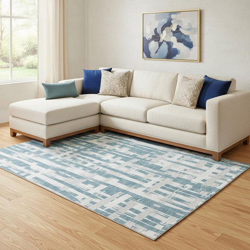 8' X 10' Teal And Ivory Striped Washable Area Rug With UV Protection