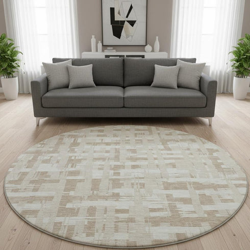 8' Taupe And Beige Striped Washable Round Rug With UV Protection