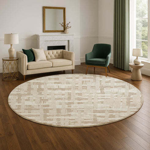 8' Taupe And Beige Striped Washable Round Rug With UV Protection
