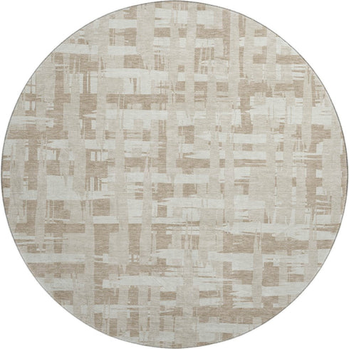 8' Taupe And Beige Striped Washable Round Rug With UV Protection