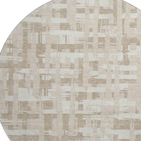 8' Taupe And Beige Striped Washable Round Rug With UV Protection