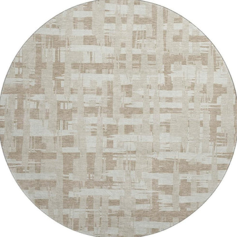 8' Taupe And Beige Striped Washable Round Rug With UV Protection
