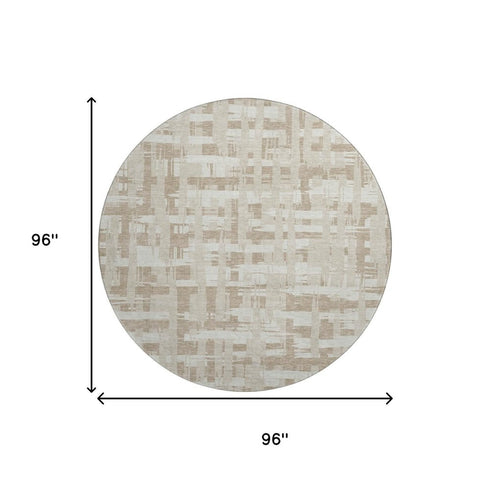 8' Taupe And Beige Striped Washable Round Rug With UV Protection