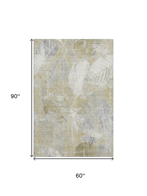 5' X 8' Beige And Tan Floral Washable Area Rug With UV Protection
