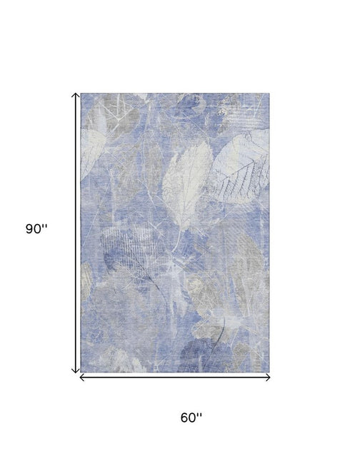 5' X 8' Denim Blue And Ivory Floral Washable Area Rug With UV Protection