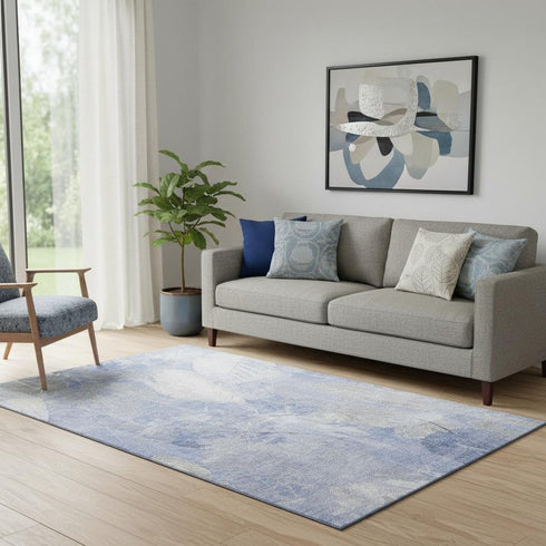 5' X 8' Denim Blue And Ivory Floral Washable Area Rug With UV Protection