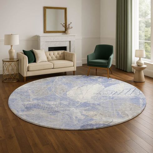 8' Denim Blue And Ivory Floral Washable Round Rug With UV Protection