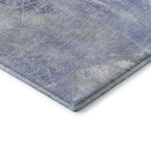 8' Denim Blue And Ivory Floral Washable Round Rug With UV Protection