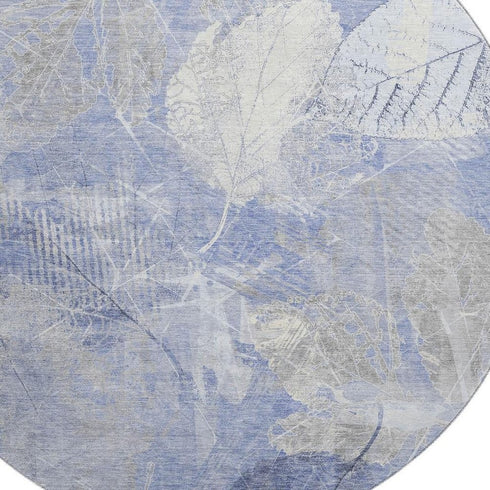 8' Denim Blue And Ivory Floral Washable Round Rug With UV Protection