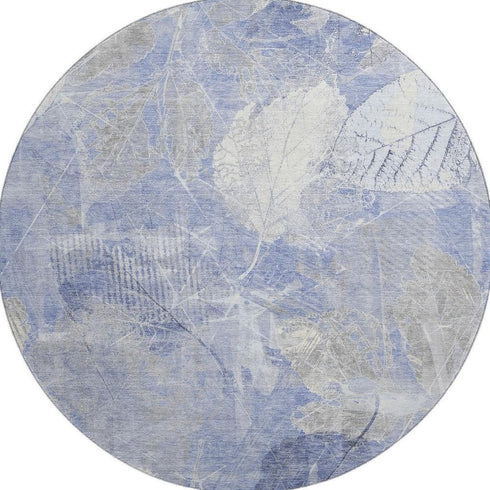 8' Denim Blue And Ivory Floral Washable Round Rug With UV Protection