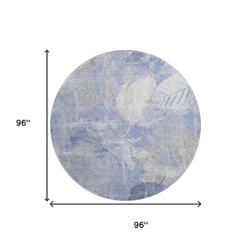 8' Denim Blue And Ivory Floral Washable Round Rug With UV Protection
