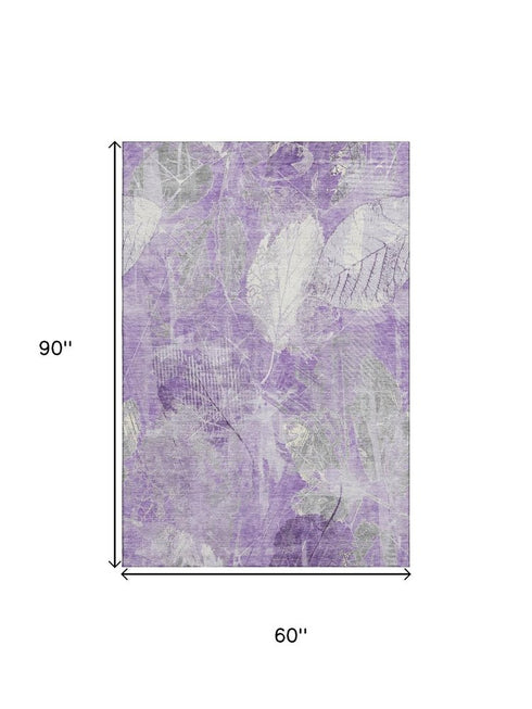 5' X 8' Lavender And Ivory Floral Washable Area Rug With UV Protection