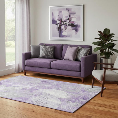 5' X 8' Lavender And Ivory Floral Washable Area Rug With UV Protection
