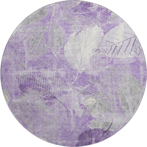 8' Lavender And Ivory Floral Washable Round Rug With UV Protection