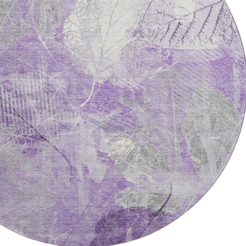 8' Lavender And Ivory Floral Washable Round Rug With UV Protection