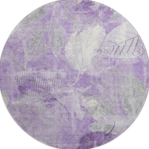 8' Lavender And Ivory Floral Washable Round Rug With UV Protection