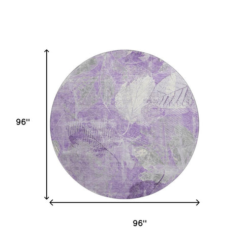 8' Lavender And Ivory Floral Washable Round Rug With UV Protection