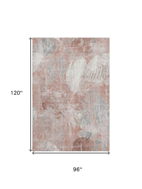 8' X 10' Salmon And Ivory Floral Washable Area Rug With UV Protection