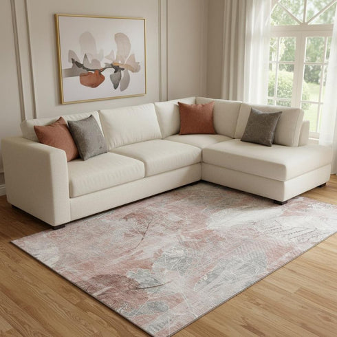 8' X 10' Salmon And Ivory Floral Washable Area Rug With UV Protection