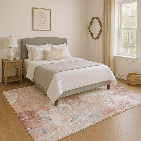 8' X 10' Salmon And Ivory Floral Washable Area Rug With UV Protection