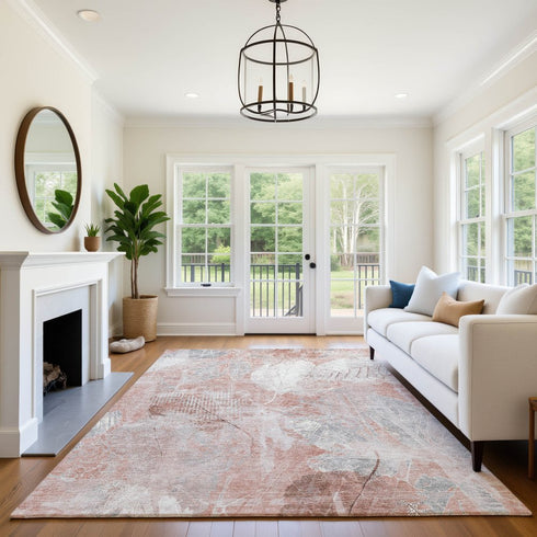 8' X 10' Salmon And Ivory Floral Washable Area Rug With UV Protection