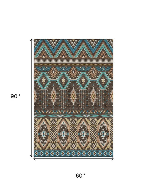 5' X 8' Brown And Teal Tribal Washable Area Rug With UV Protection