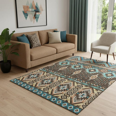 5' X 8' Brown And Teal Tribal Washable Area Rug With UV Protection