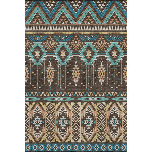 5' X 8' Brown And Teal Tribal Washable Area Rug With UV Protection