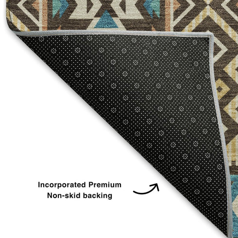 5' X 8' Brown And Teal Tribal Washable Area Rug With UV Protection