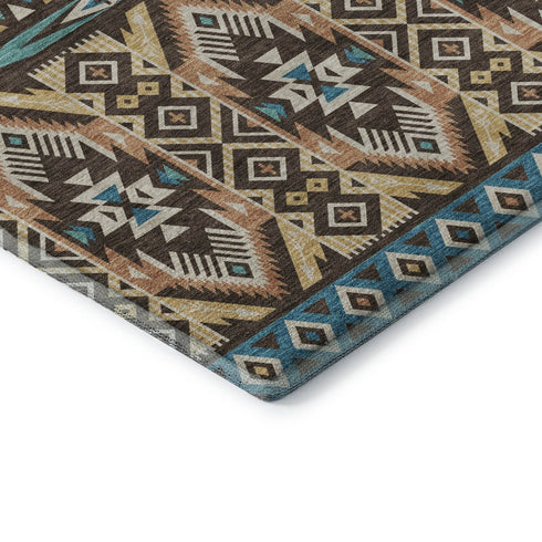 5' X 8' Brown And Teal Tribal Washable Area Rug With UV Protection