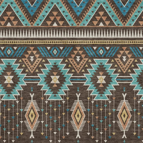 5' X 8' Brown And Teal Tribal Washable Area Rug With UV Protection