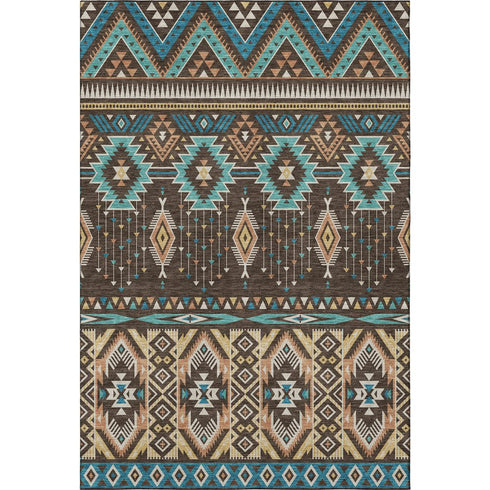5' X 8' Brown And Teal Tribal Washable Area Rug With UV Protection